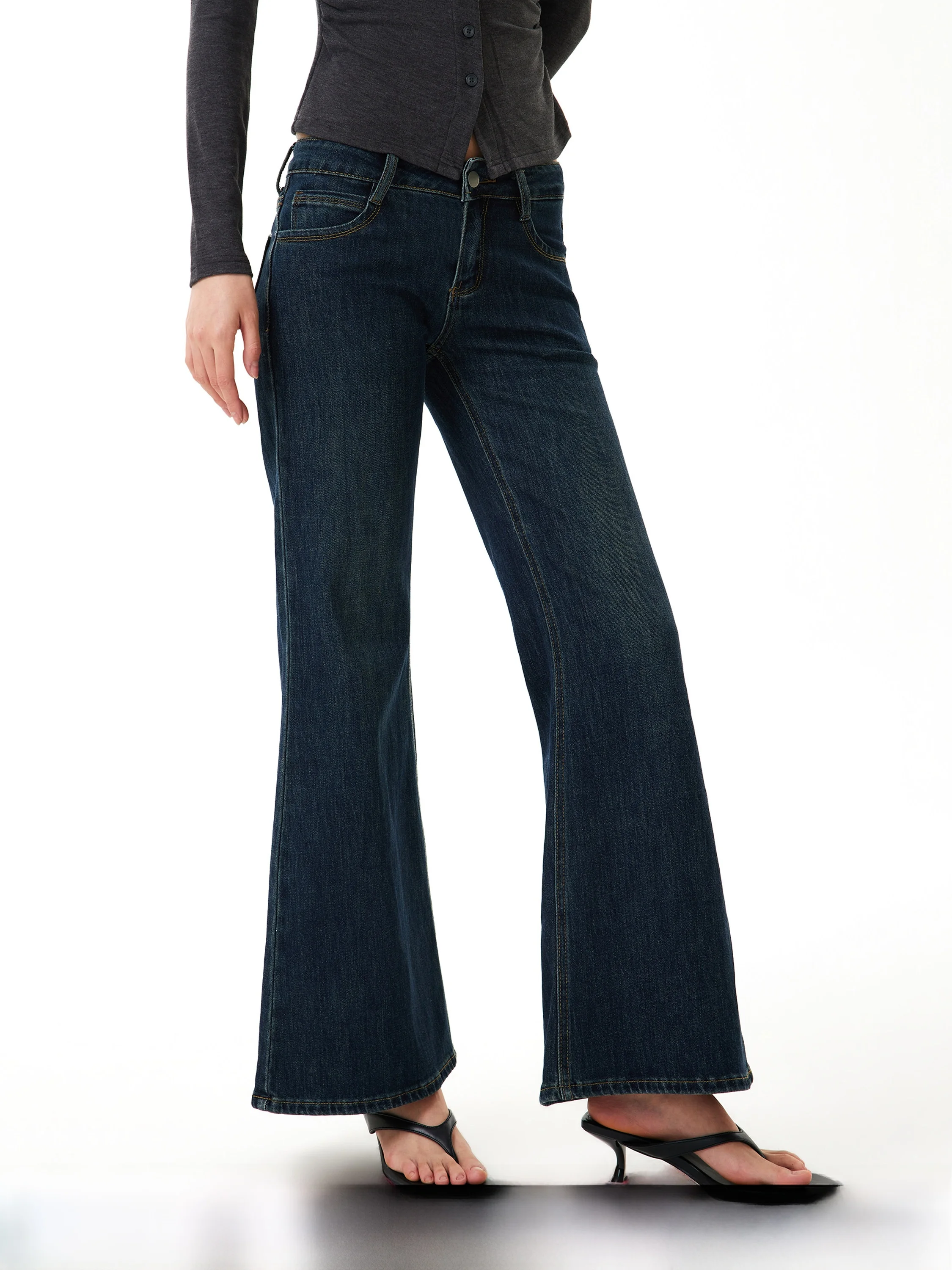 

Deep Blue Washed out Low Waist Flared Jeans Women's Spring New Small Size Versatile Pants GO GO BURN Natural Waist Denim