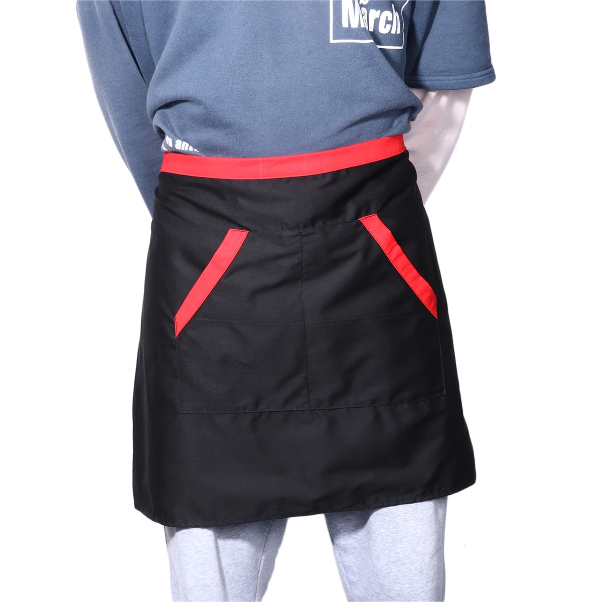 

Unisex Half Length Kitchen Apron With Pockets Cafe Work Apron Short Service Aprons For Waiters Cooking Hotel Use Red Black Rim