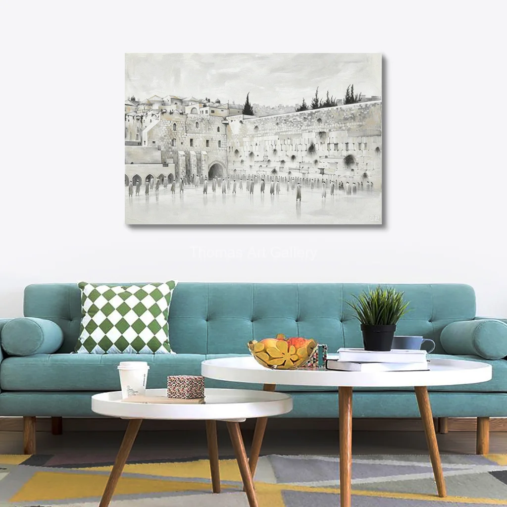 Large Minimalist Jerusalem Canvas Print HD Neutral Abstract Kotel Plaza Misty Art Modern Jewish Decor for Dining Room Hallway