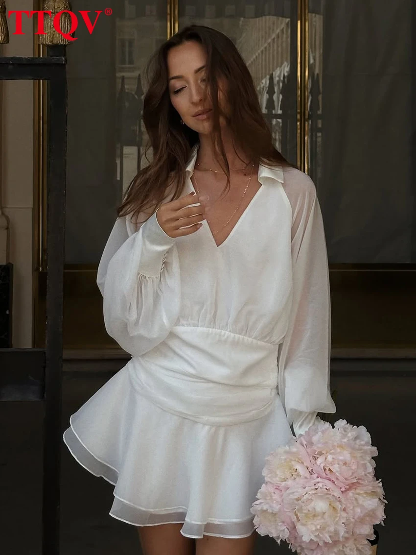 

TTQV Fashion Loose White Women's Dress Casual Lapel Long Sleeve Mini Dresses Elegant Classic Pleated Female Dress Streetwear