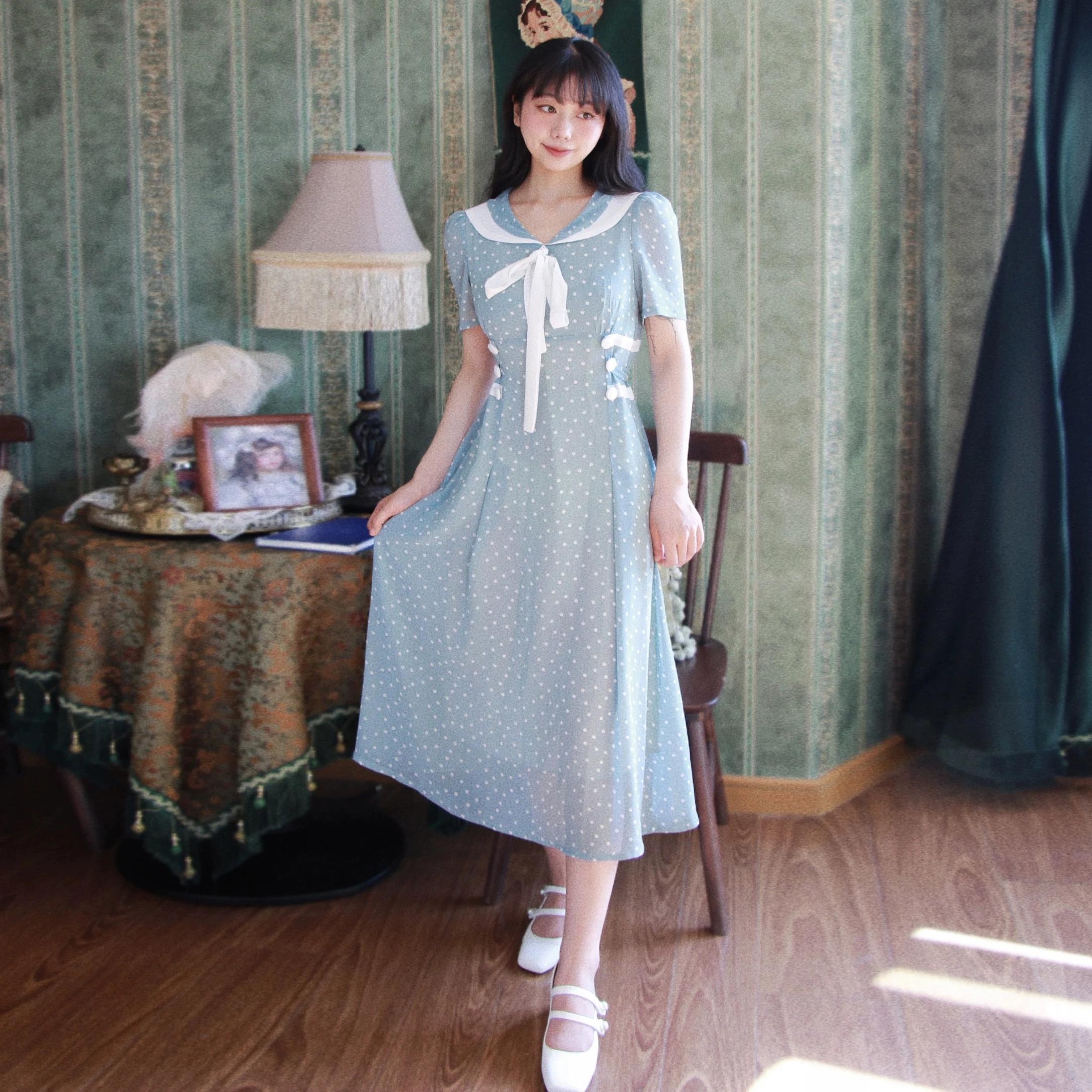 AnXin SH-Robe de soirée en mousseline de soie à pois, manches courtes, vintage, col bleu marine, nœud blanc, fermeture éclair, personnalisé