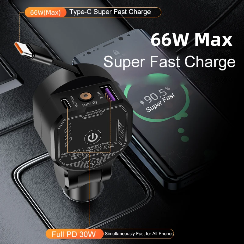 UYUXIO Retractable Car Phone Charger Adapter with Starlight Full PD 30W Super Fast Charging 3 in 1 for Macbook iPhone Samsung