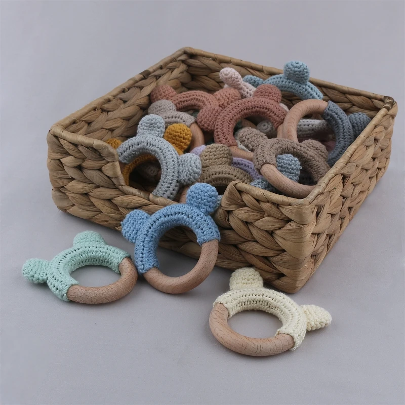 57EE Baby Teether Wooden Ring Crochet Knit Wool Rattle Nursing Chewing Teething Toy