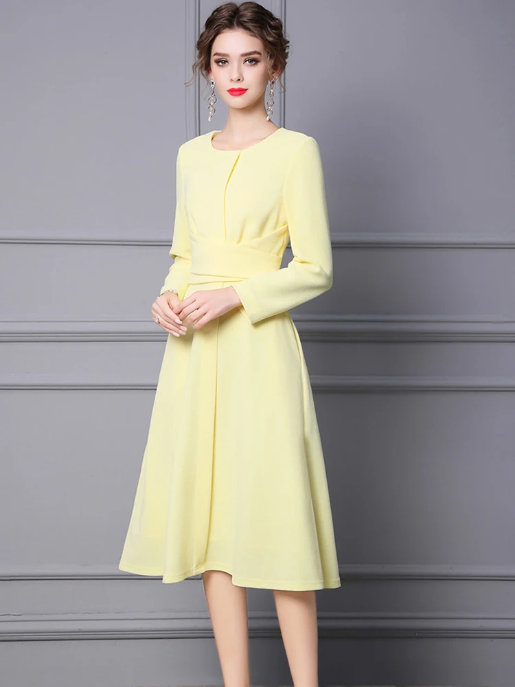 ZJYT Designer Elegant Autumn Long Sleeve Dress Women Yellow Midi Party Vestidos 2022 New Fashion Solid Casual Robe Femme XXL