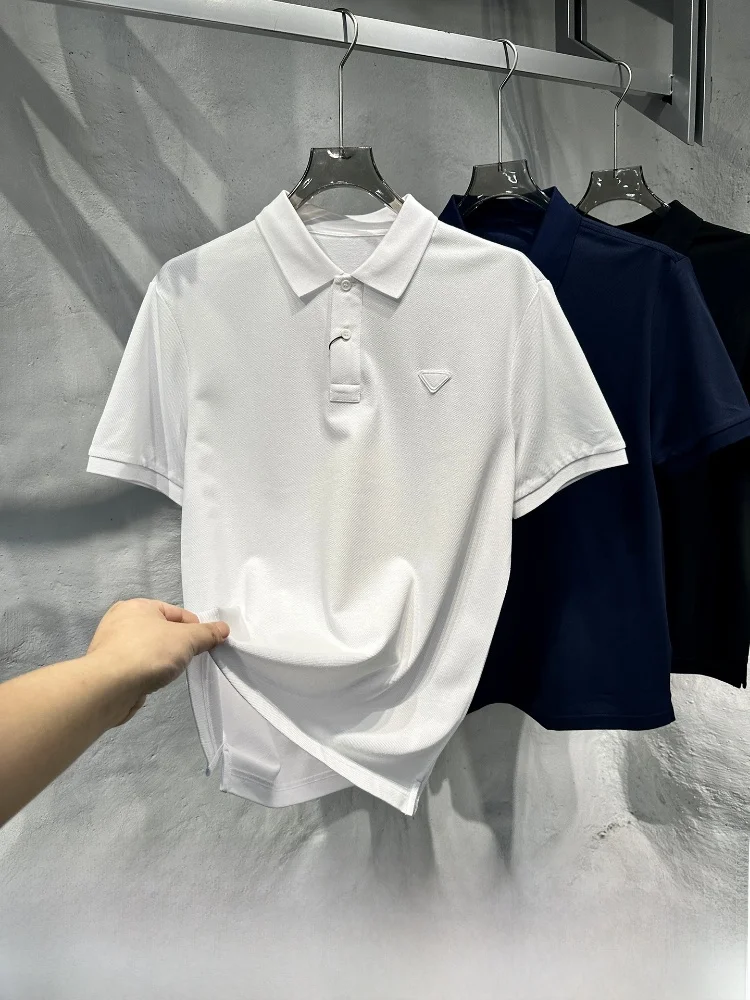 

Итальянская роскошная шелковая футболка для мужчин Summer Busin ort Sve с треугольным логотипом, медная шелковая футболка с амиаком и подставкой