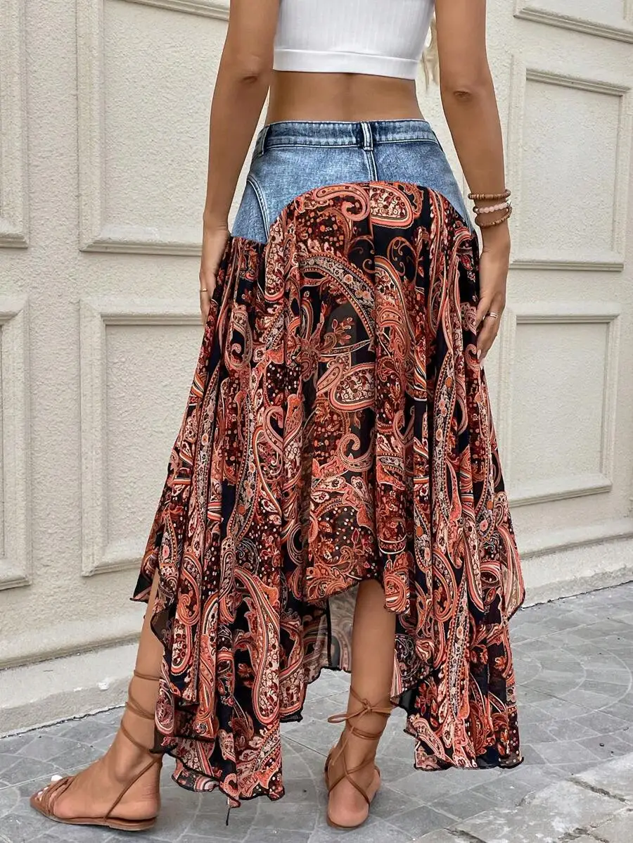 Women's Boho Maxi Skirt with Denim Waistband and Paisley Print