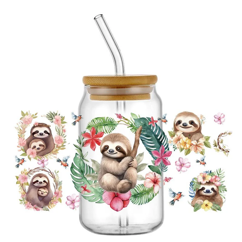 MINISO 3D Bradypode Series Decal 16oz Libbey UV DTF Cup Wrap DIY Mug Waterproof Sloth Transfer Sticker