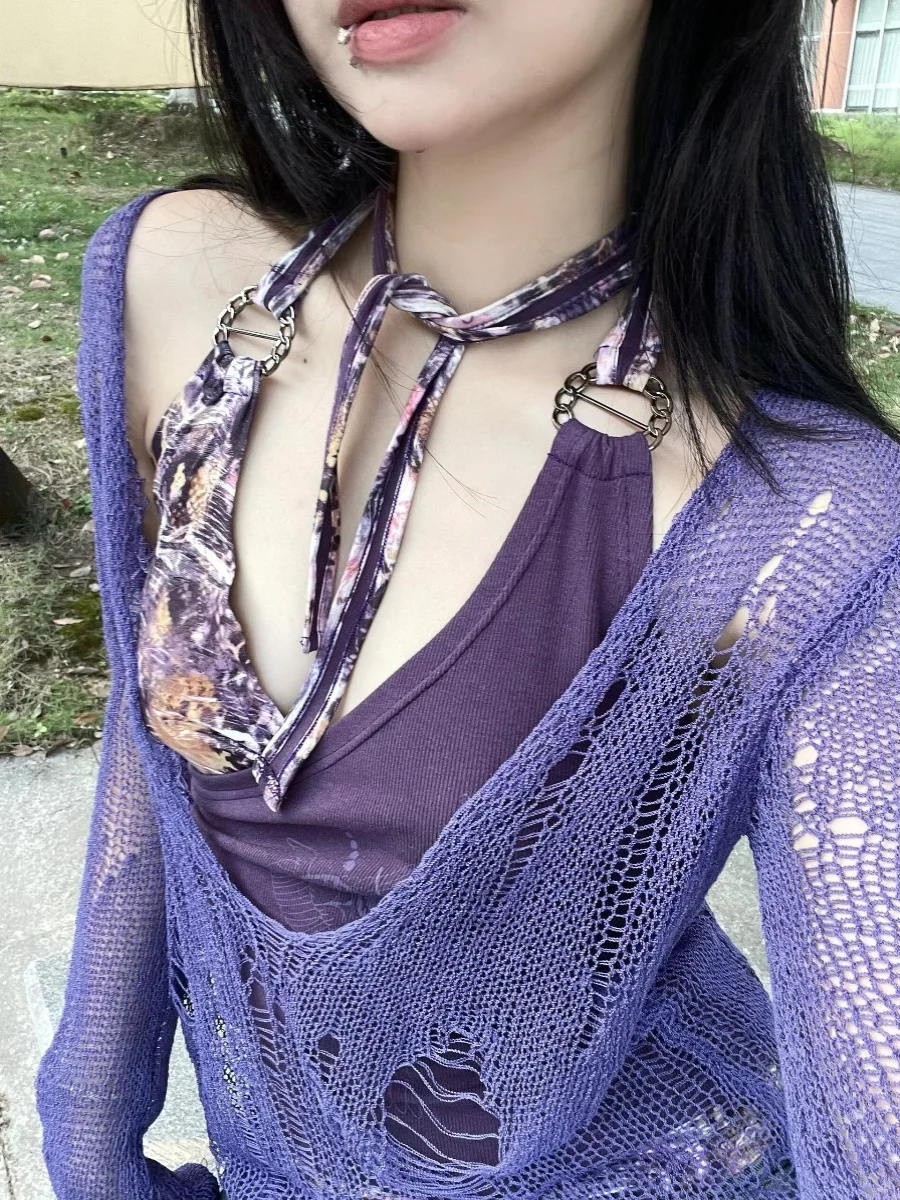 

Женский комплект: вязаный топ больших размеров с вырезами и ажурным узором, топ-жилет с асимметричным кроем, фиолетовый, для повседневной носки