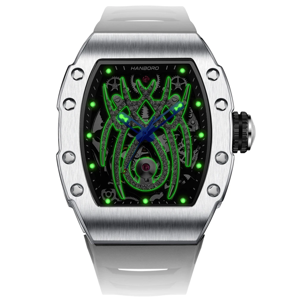 HANBORO Men Automatic Watch Tonneau Mechanical Wristwatch Luminous Waterproof Skeleton Crystal Spider Dial Miyota Mov