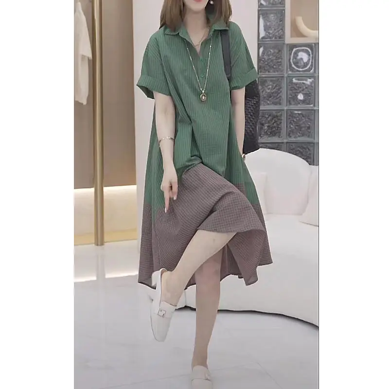 Women Summer New Polo Collar Pullover Dress Fashion Simple Lattice Button Pocket Panel Loose Versatile Short Sleeve A-line Skirt