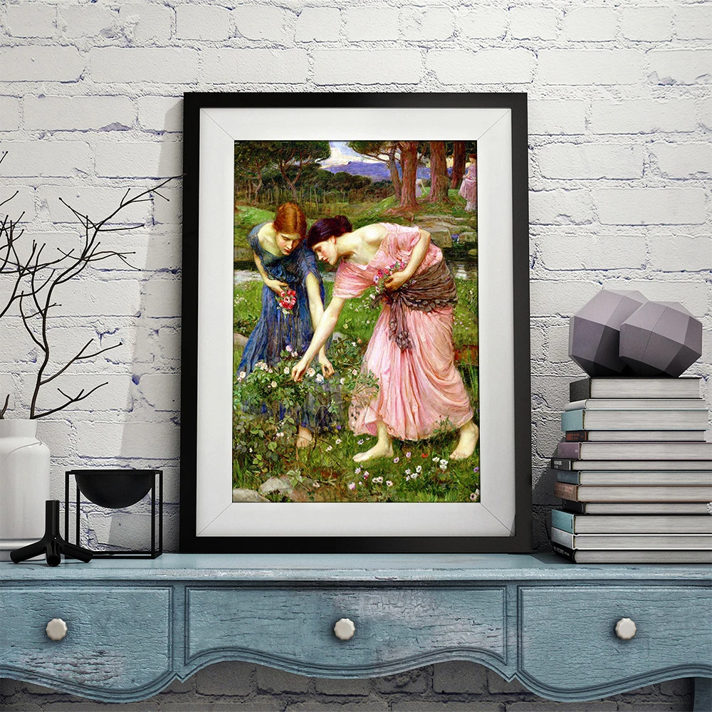 Women Picking Flowers Canvas Painting Classical Wall Art Posters and Prints Mural Home Decor Items Illustration