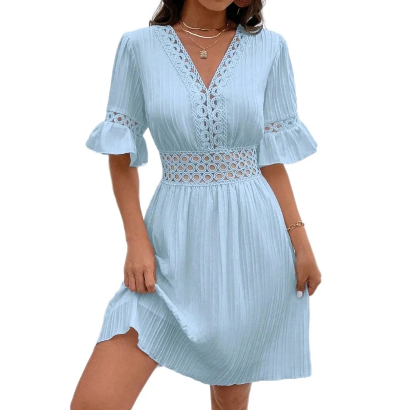 

Women Flared Sleeve Vneck Minis Dress,Casual Highs Waist Flowys A Line Dresses