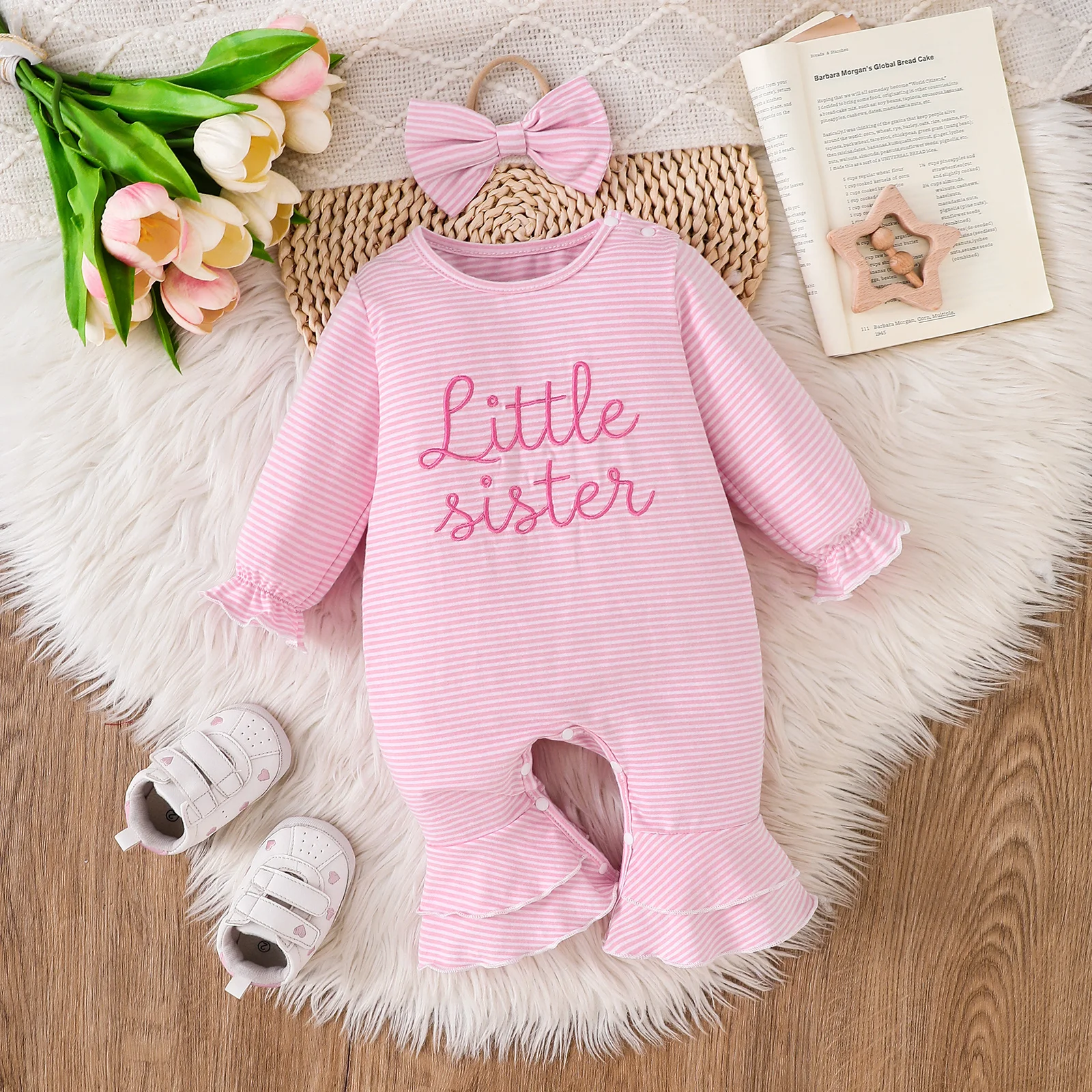 Little Sister Embroidered Baby Girl Pink Striped Ruffle Long Sleeve Romper With Bow Headband Sweet Cute Infant Outfit