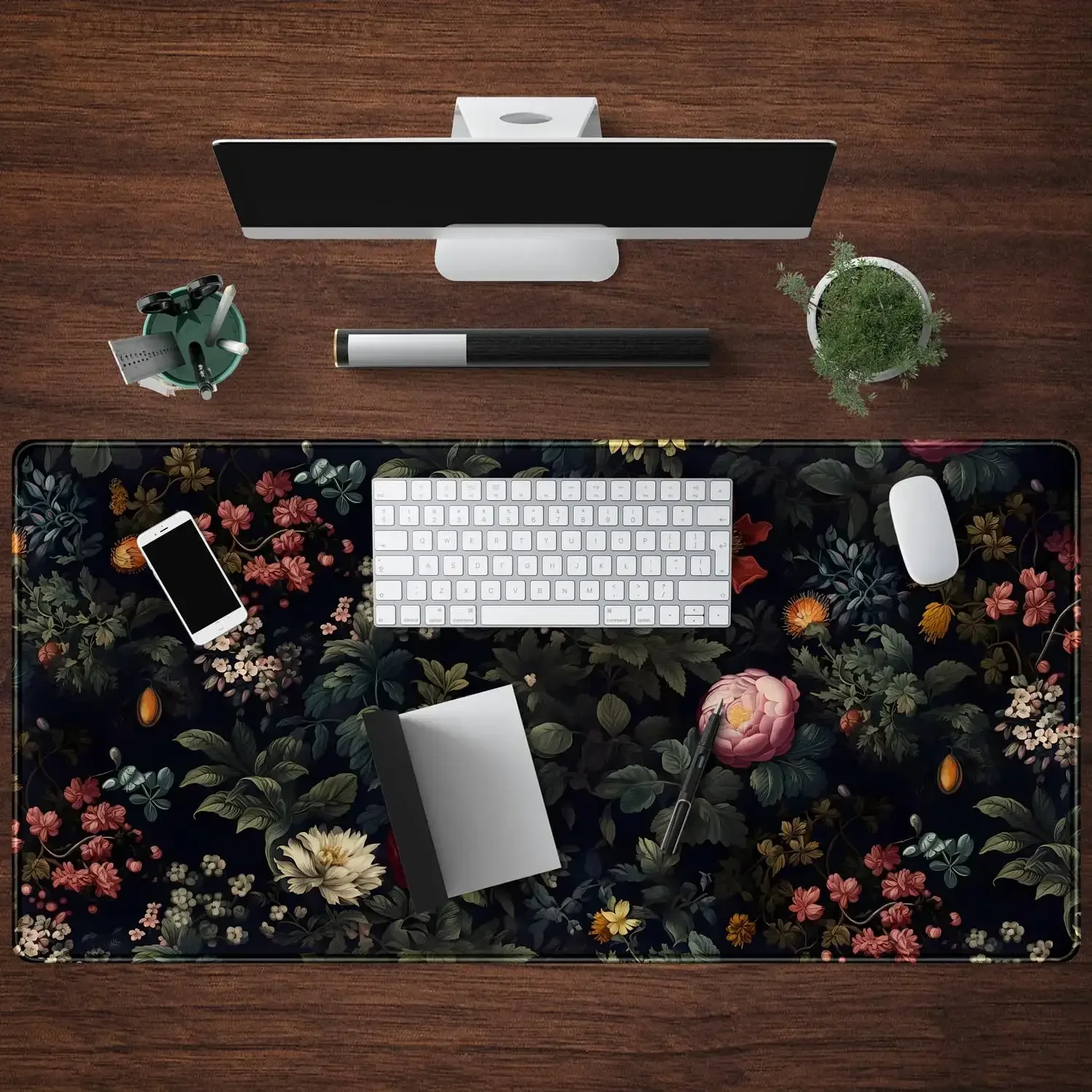 Dark Background Bloom Mouse Pad, Retro Mixed Peony Vine Pattern Non Slip Desk Mat for Gamers Office Home Keyboard Desktop Decor