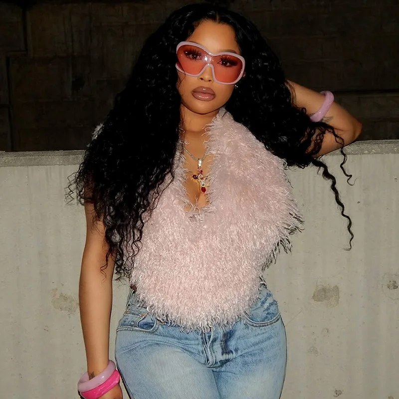 

Куртки из искусственного меха, жилеты, осень-зима 202, пушистые асимметричные пальто без рукавов с v-образным вырезом и открытой спиной, топы, женская однотонная верхняя одежда