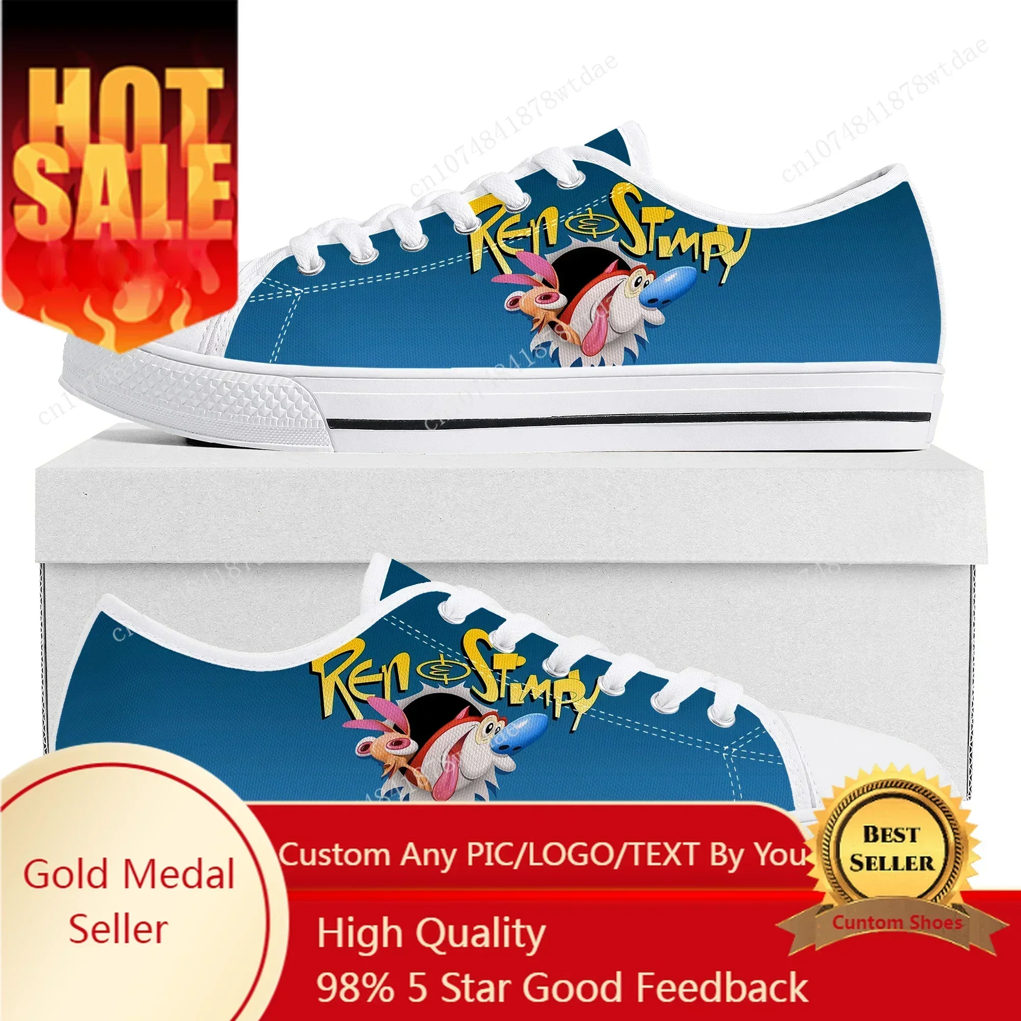 Anime Cartoon Stimpy Comic Manga Ren Low Top Sneakers Womens Mens High Quality Canvas Sneaker Couple Custom Made Shoes