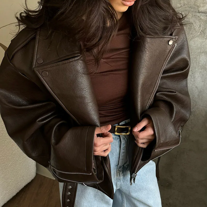 Chaqueta de cuero Retro americana para mujer, cazadora con cremallera y solapa con temperamento, abrigo corto de calle Harajuku para Otoño e Invierno 2025