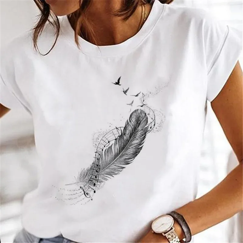 Women's Short-sleeved T-shirt Feather Fashion Print Instagram Base Shirt Women Clothes  Tops  Aesthetic Clothes Graphic T Shirts image 4