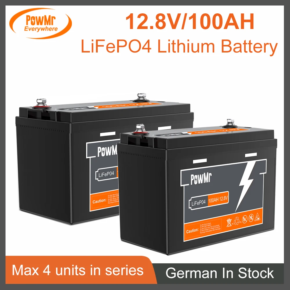 PowMr 2Pcs 12.8V 100Ah Lifepo4 Lithium Battery Parallel Max 4 Sets in Series More Than 4000+ Life Cycles EU Local Fast Delivery