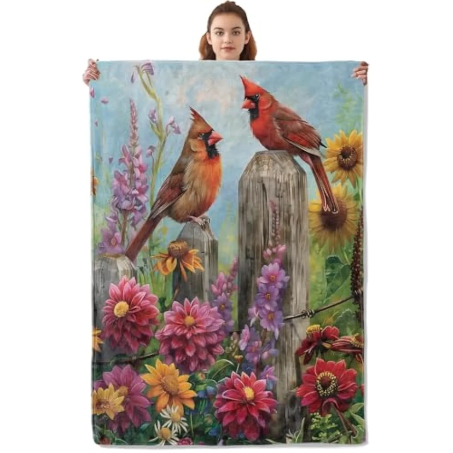 Cute Cardinal Blanket Soft Cozy Warm Flannel Throw with Colorful Flower Lightweight Plush Blankets for Travel Sofa