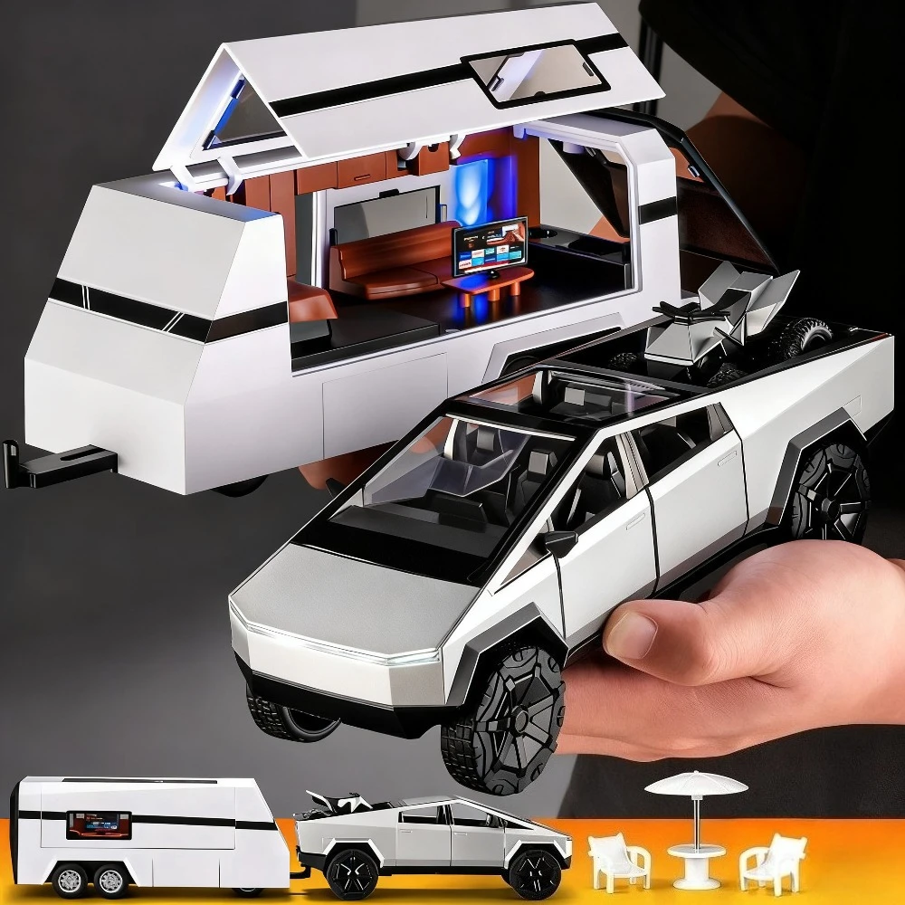 1:24 ピックアップトレーラーモーターホーム合金ダイキャストロボタクシー車のおもちゃモデルサウンドライトプルバックドアオープンRV子供フェスティバルギフト