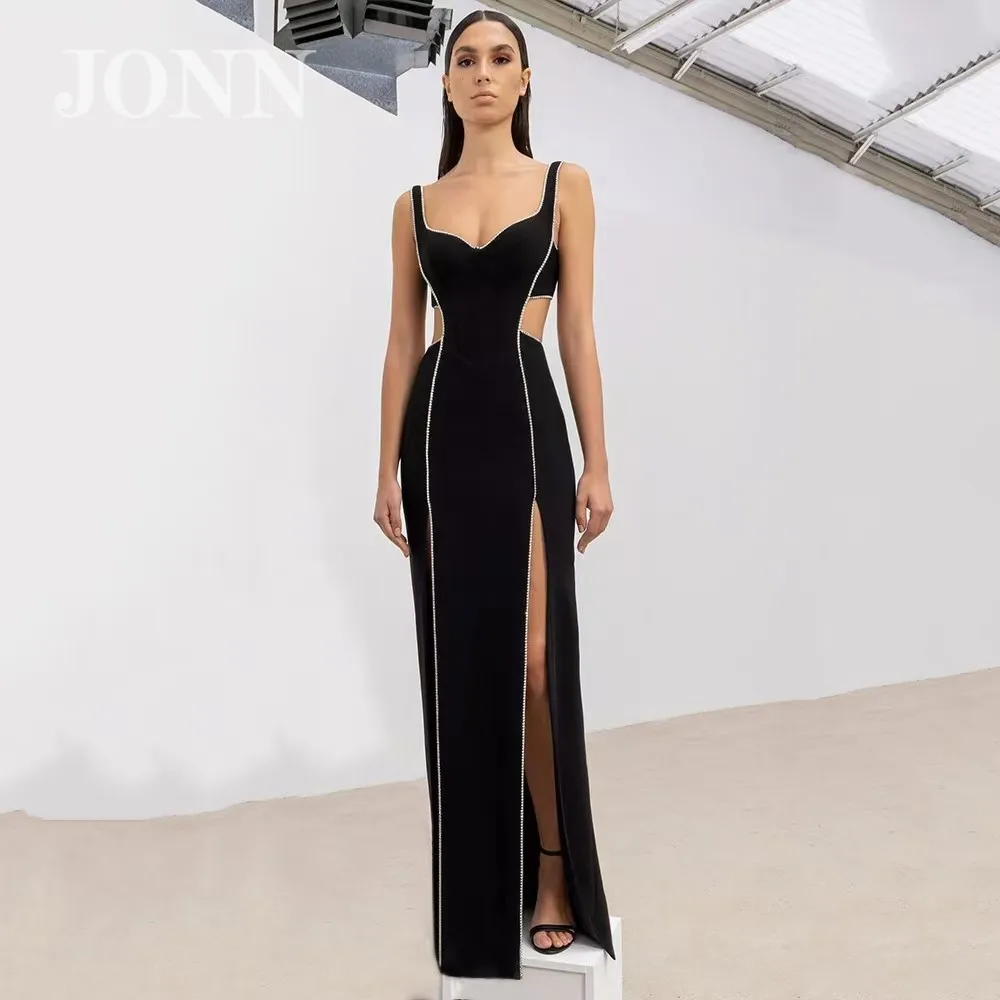 

JONN Sexy Black V-neck Hollow Out Diamond Split Bandage Dress Sleeveless Crystal Long Bodycon Celebrity Party Club Dress