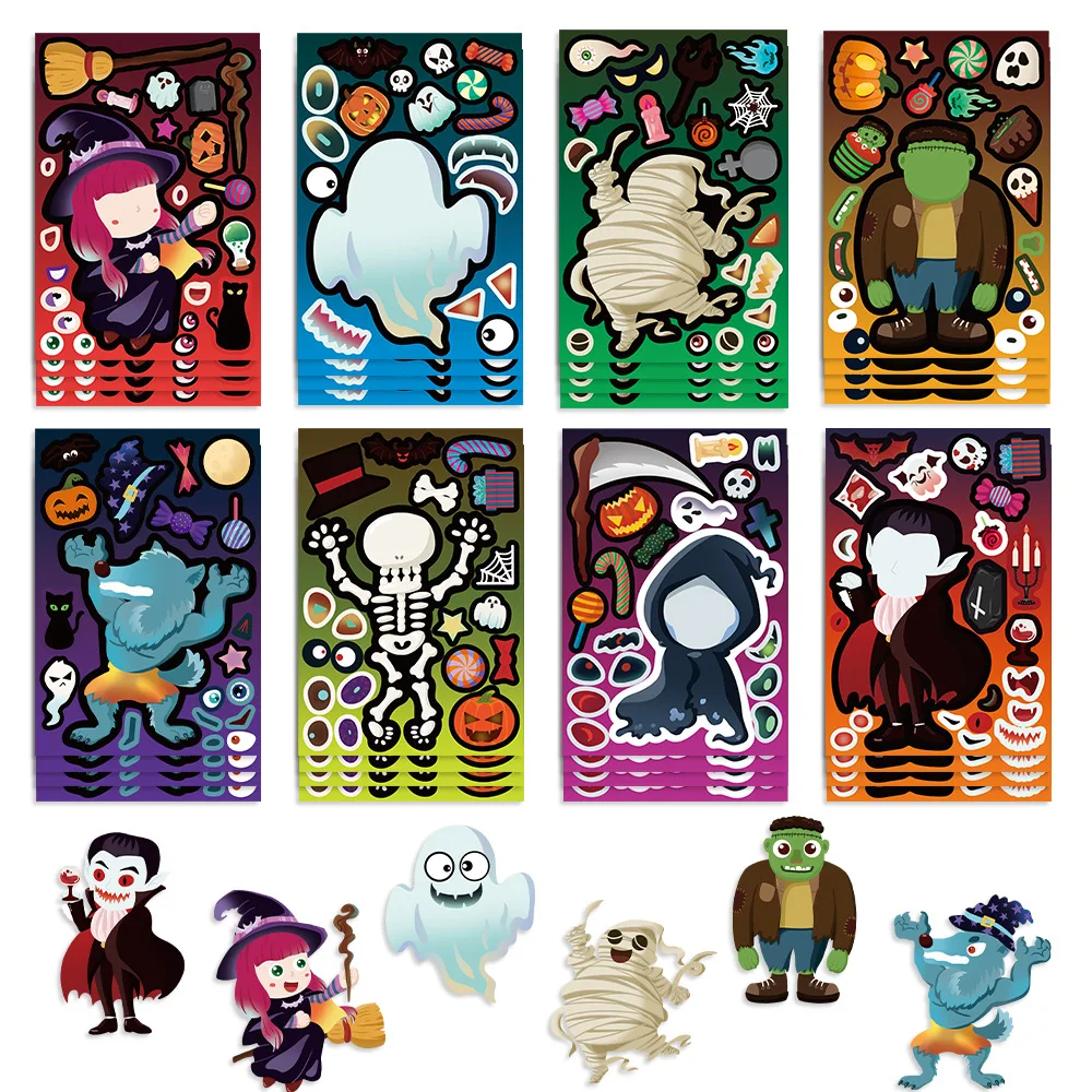 8Sheets Cartoon Halloween Party Puzzle Stickers Make-A-Face DIY Assembly Children's Puzzle Account Material Waterproof Stickers