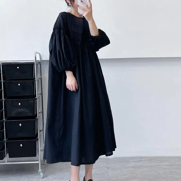 Autumn New Vintage Mori Girl Solid Color Midi Dress Women O-Neck Long Puff Sleeve Casual Loose High Waist A-Line Dresses