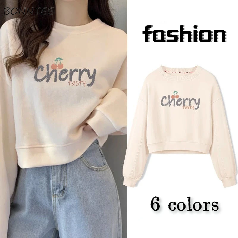 

Crop Sweatshirts Women Kawaii Girlish Soft Loose Autumn O-neck Leisure Lovely Letter Design Korean Style Student Plus-velvet Ins