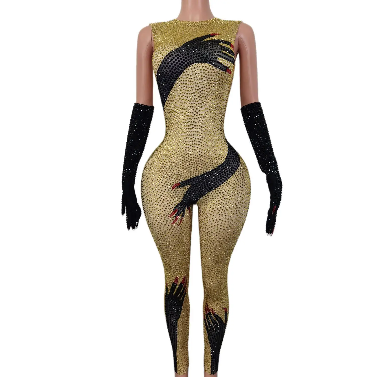 Sexy Gold Silver Sleeveless One Piece Bodysuit Showgirl Exotic Dancer Clothes Spandex Rompers Women Party Rhinestone Jumpsuit