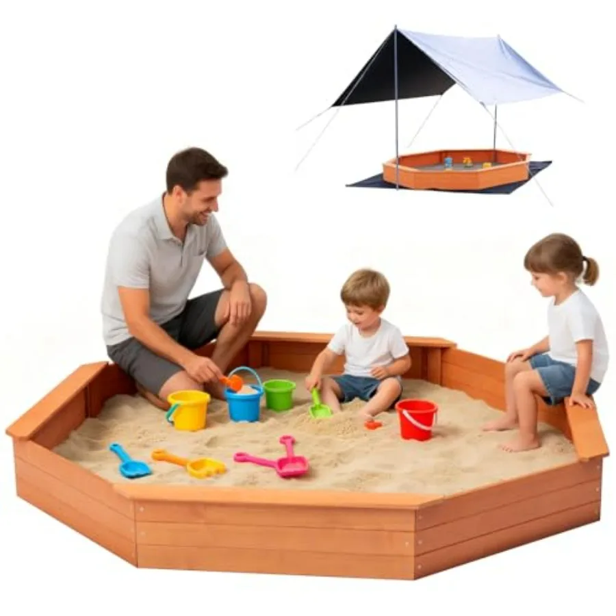 

Large Octagonal Wooden Sandbox Outdoor Sandpit for with 4 Built-in Benches UV-Resistant Waterproof Cover Bottom Liner Playgroun