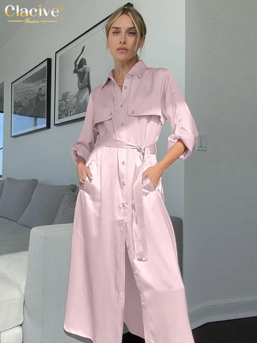 Clacive-Conjunto de 2 piezas de satén rosa holgado para mujer, camisa elegante de manga larga con pantalones anchos de cintura alta, moda 2024