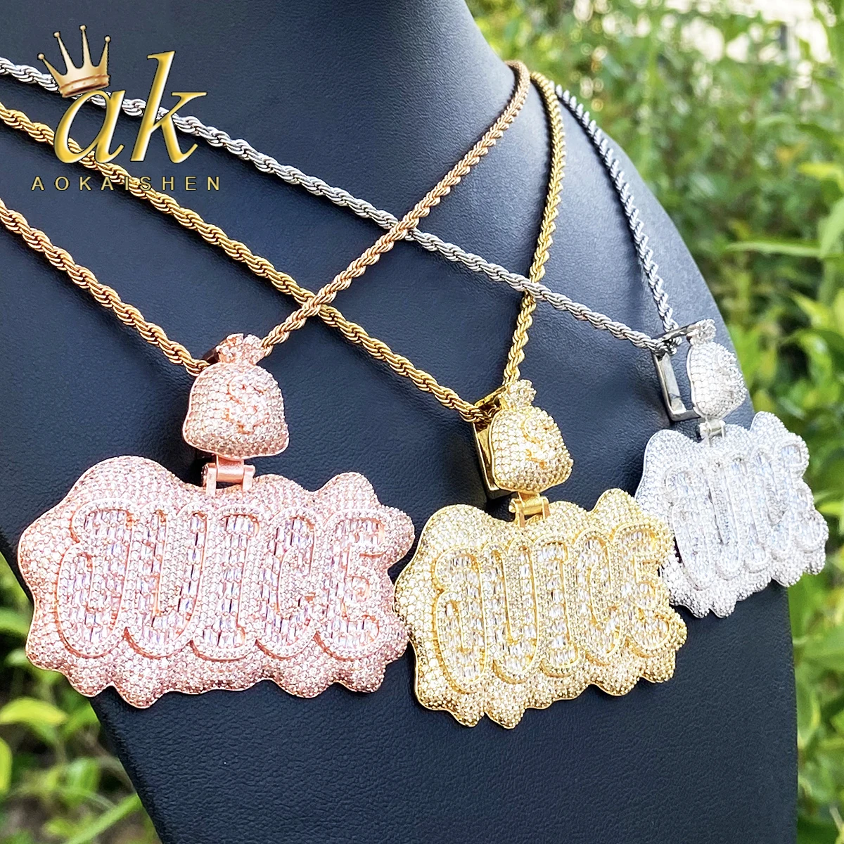 Aokaishen Iced Out Juice Money Bag Bail Necklace Pendant for Men Real Gold Plated 5A Cubic Zirconia Hip Hop Jewelry