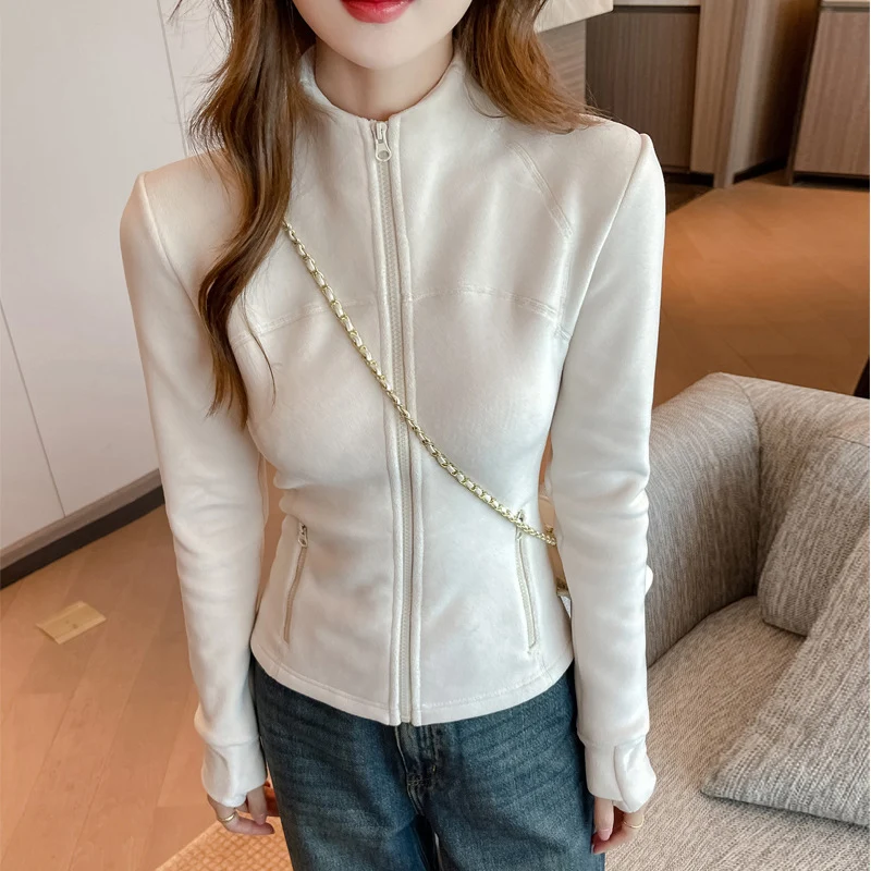Thickened Warm Fleece Jacket for Women Autumn Winter Simple Versatile Zipper Coats Thumb Hole Design Casual Sport Style Tops