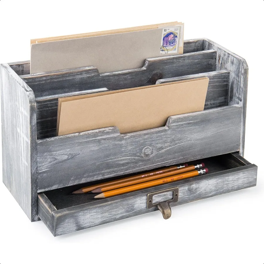 

MyGift 3 Slot Rustic Dark Gray Wood Office Desk File Organizer Holder Desktop Mail Letter Sorter Tray Document Holder with Pull