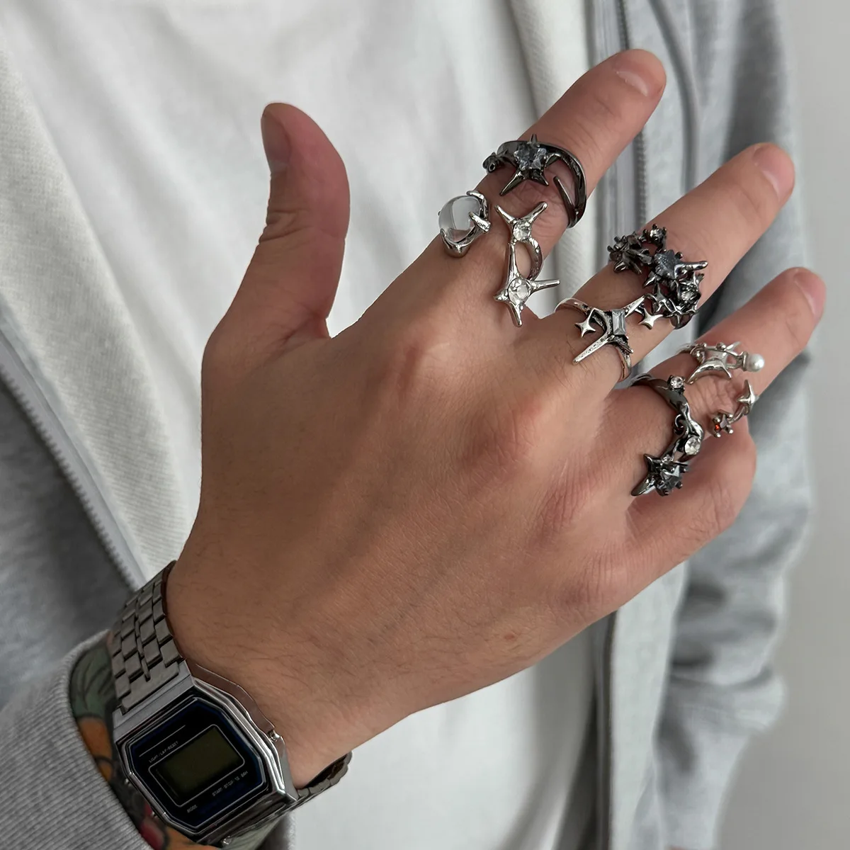 Dark pentagram ring set for men's hip-hop niche men's hollowed out black ring cross-border diamond studded bracelet