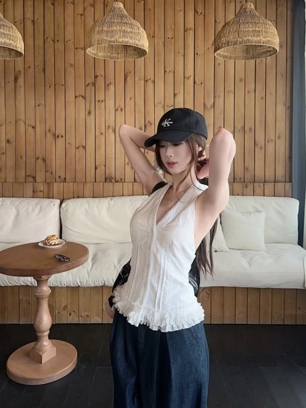 Estate New Sle White Lace ter Ne ort Vest Faion V-ne da donna Top dimagrante Pendolarismo Sle Lunghezza regolare