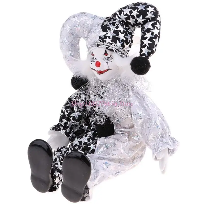 R6FD Movable Limb Clown Doll Ceramic Figurine Statue Halloween Tabletop Ornament