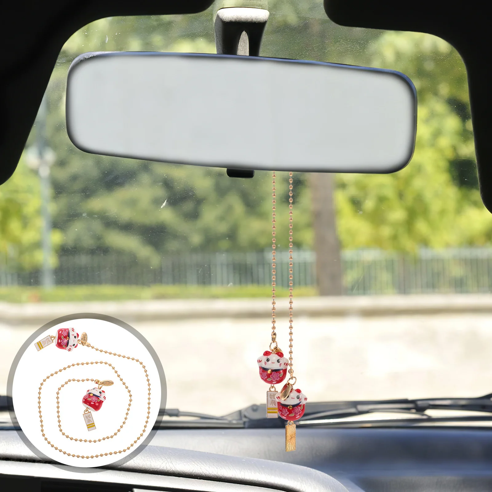 

Ceramic Fortune Cat Car Charm Cute Hanging Ornament for Good Luck Safety Auto Interior Accessory Universal Fit