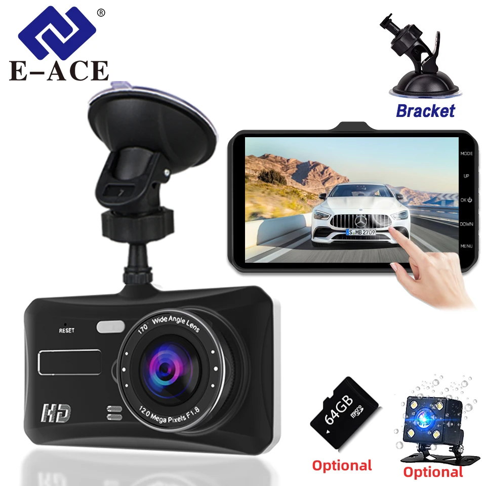 Câmera Dashcam E-ACE 4'' com Tela LCD Touch FHD 1080P, Gravador com Câmera Traseira Opcional, Sensor G, HDR, Gravação em Loop e Detecção de Movimento