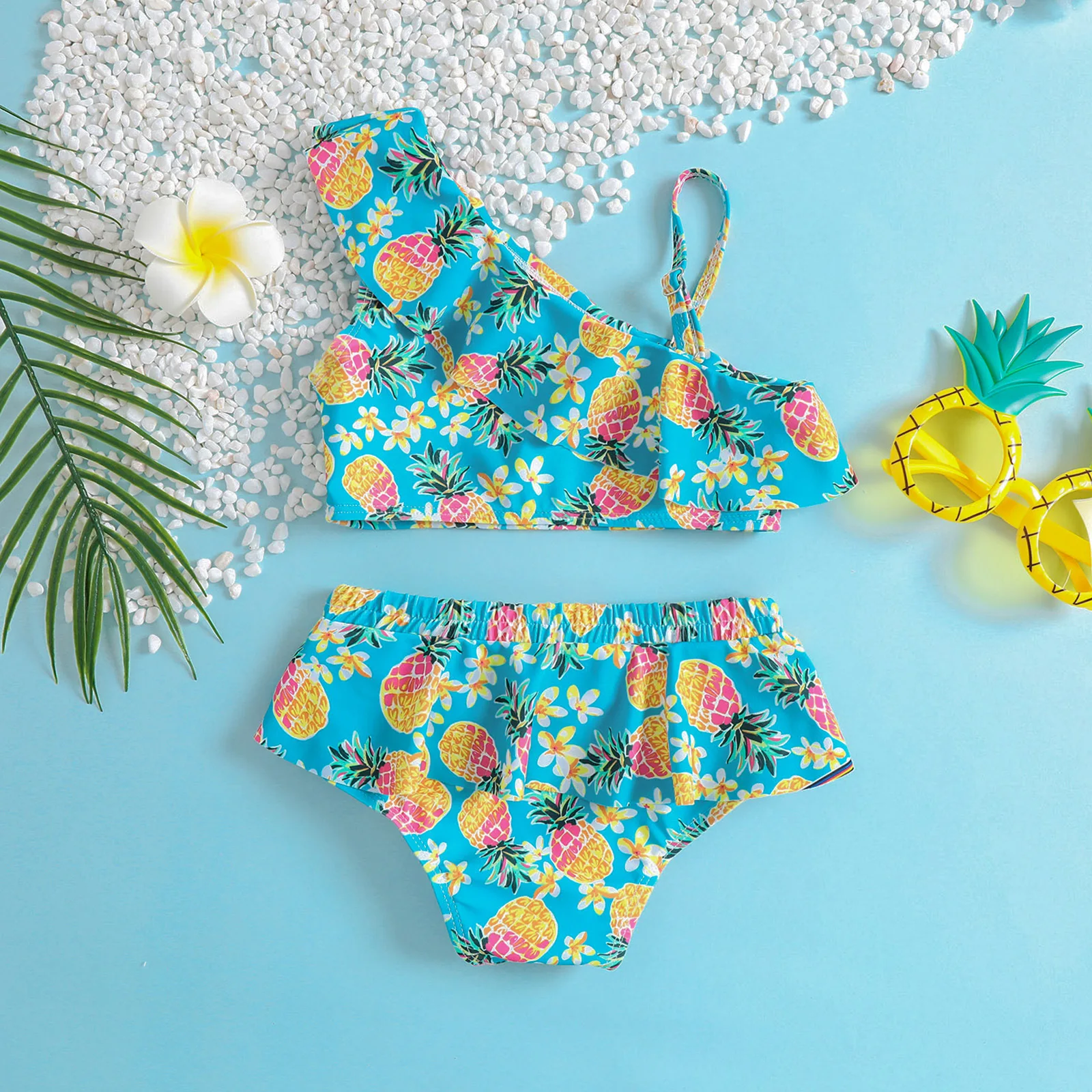 Baby two piece swimsuit with pineapple floral print,one shoulder ruffle design,suitable for seaside and pool play