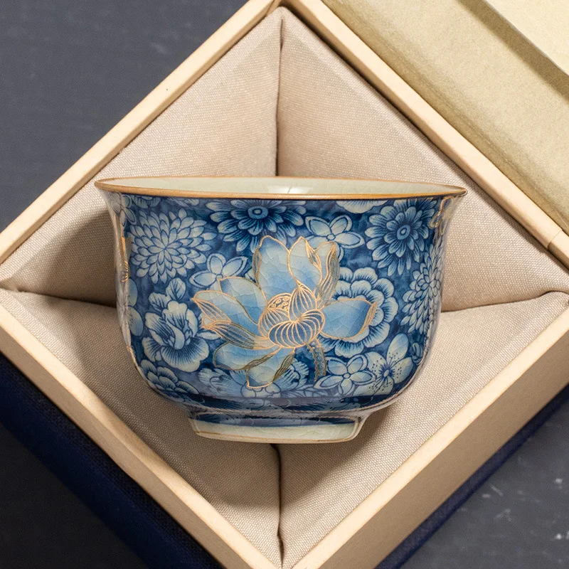 Ru Kiln Golden Floral Round‑ding Ceramic Tea Cup Exquisite Chinese Master Tasting Teacup Kung Fu Tea Tea‑bowl For Home
