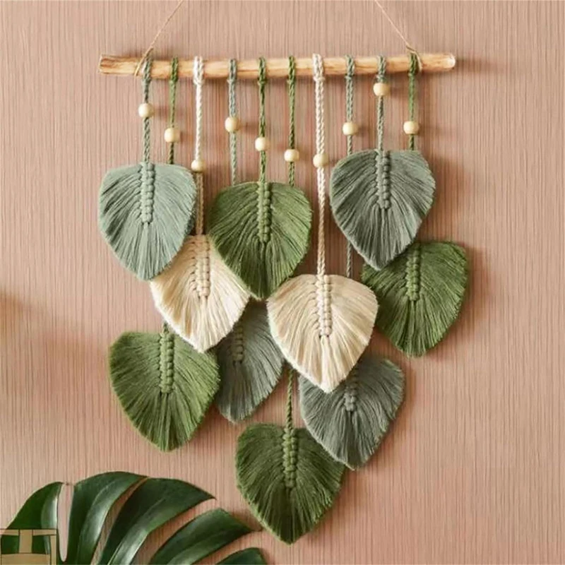 Handwoven Colorful Leaf Tapestry Exquisite Wood Beads Vintage Wall Hanging Children Room Nursury Room Leaf Wall Decors