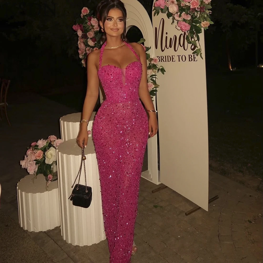 KSDN Glitter Evening Dresses Sexy Halter Floor Length Sleeveless Gowns Special Occasion Customzied Dress Formal Mermaid Vestidos