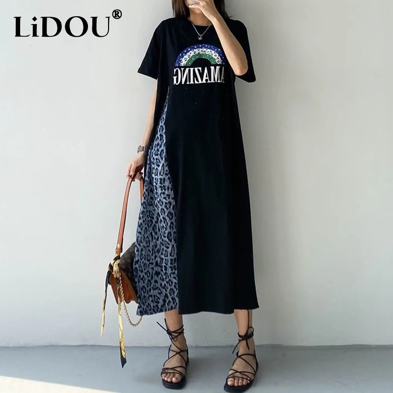 Summer New Round Neck Short Sleeve Fashion Tshirt Dress Women Loose Printing Asymmetrical Leopard Patchwork Y2K Casual Dresses