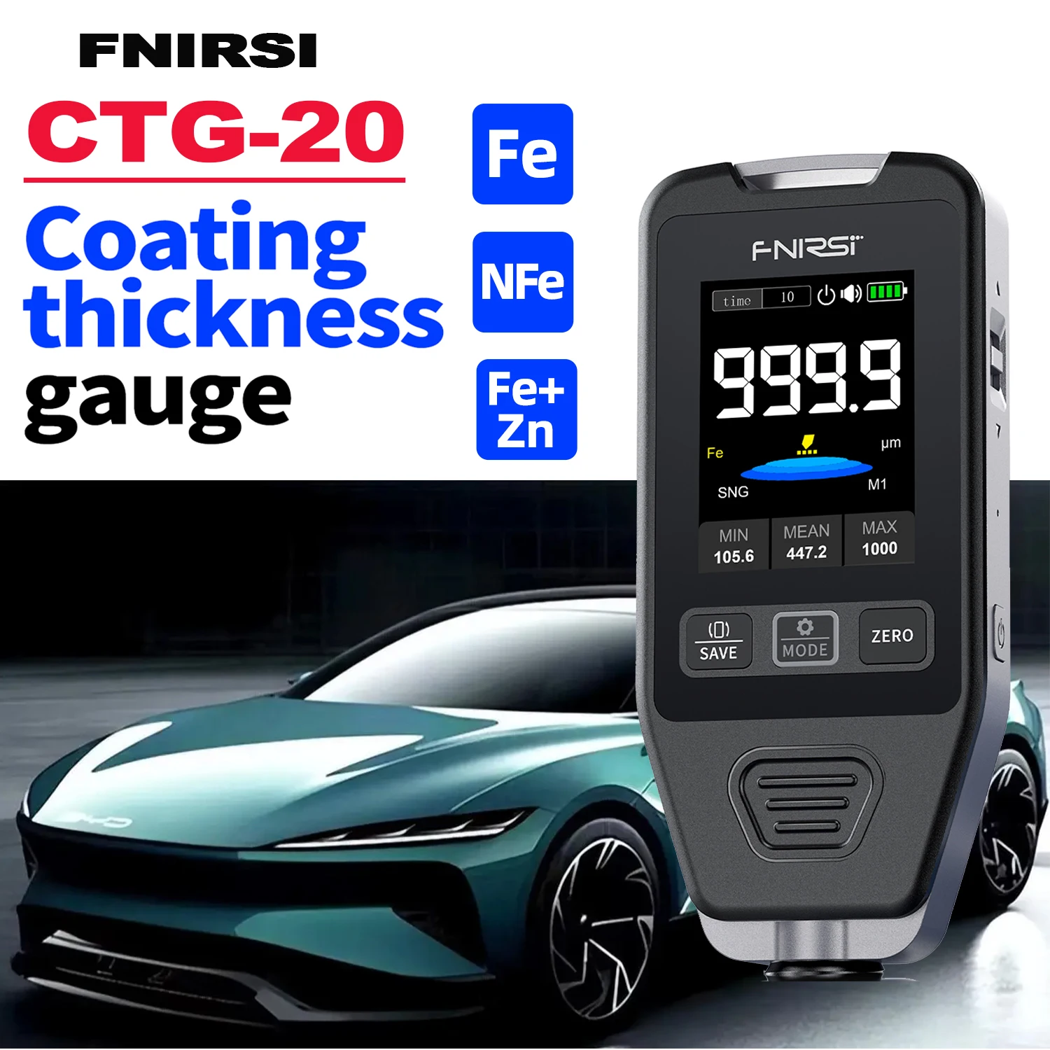 FNIRSI CTG-20 Coating Thickness Gauge Electroplate Metal & Putty Powder Car Paint Thickness Gauge for Car 0-1400um Fe nFe Fe+Zn