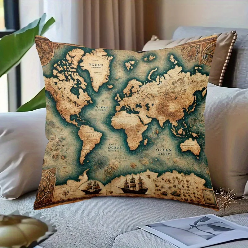 Double Sided Ancient World Map Themed Age of Exploration Soft Throw Pillow Cover for Bed Sofa and Lounge Chair
