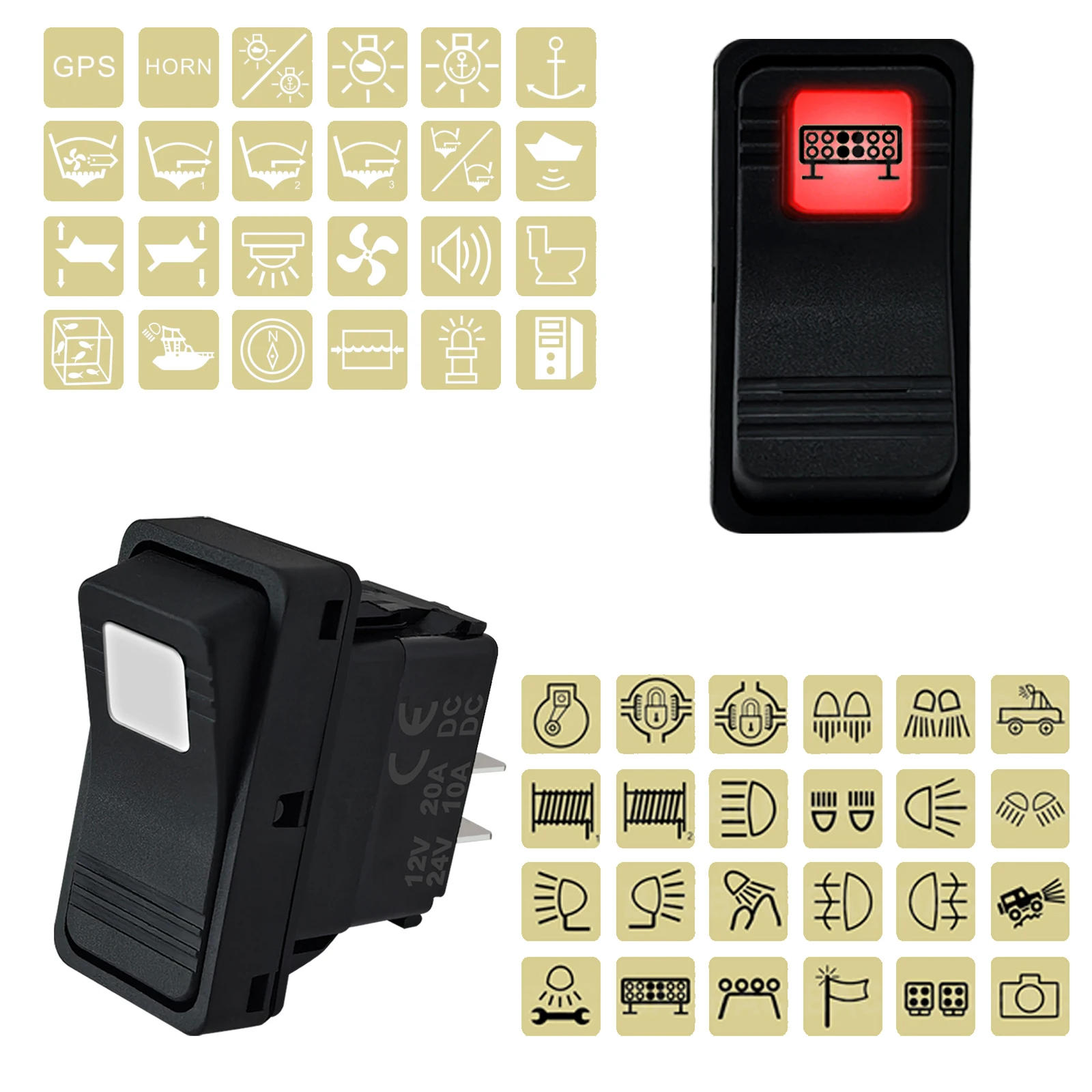Marine Switch Waterproof Rocker Switch On-off/Momentary 12-24V Led Red Lights Button Stickers LED Light Bar for Car ATV 4X4 Boat