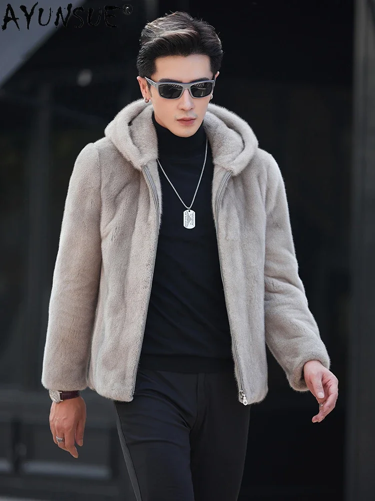 AYUNSUE Natural Fur Coat Hooded Men's Winter Jackets 2025 Luxury Real Mink Fur Jacket Casual Fur Coats Abrigos Invierno Hombre