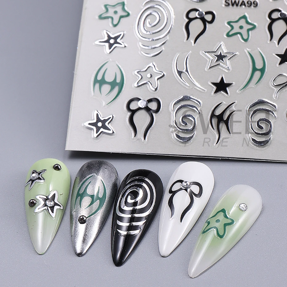 2枚入り メタリックシルバーライン ネイルアートステッカー 3D炎ライン リボン スワール スター Y2K タットン スライダー デカール DIY ホログラフィック マニキュア デコレーション